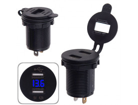 Автомобильное зарядное устройство 2 USB 12-24V врезное в планку + вольтметр (10254 USB-12-24V 4.2A BLU) - Приборы для врезки в торпеду
