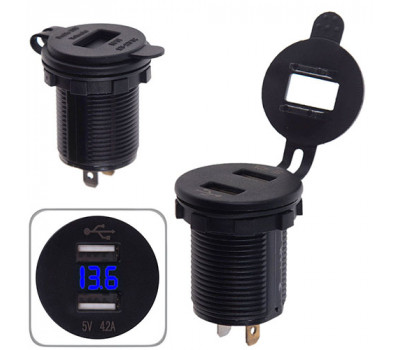 Автомобільний зарядний пристрій 2 USB 12-24V врізний в планку + вольтметр (10254 USB-12-24V 4.2A BLU)