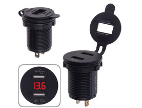 Автомобильное зарядное устройство 2 USB 12-24V врезное в планку + вольтметр (10253 USB-12-24V 4.2A RED) - Приборы для врезки в торпеду