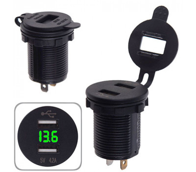 Автомобільний зарядний пристрій 2 USB 12-24V врізний в планку + вольтметр (10255 USB-12-24V 4.2A GRE)